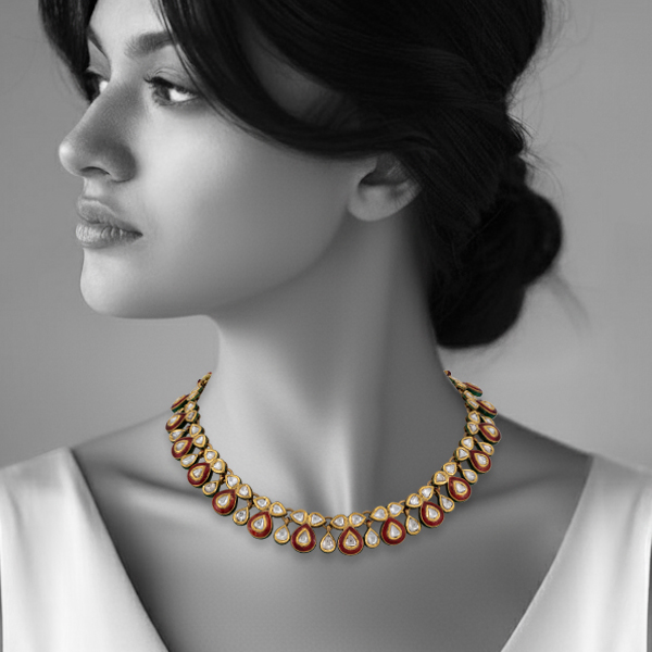 Teardrop Polki Necklace with Red Meenakari Accents